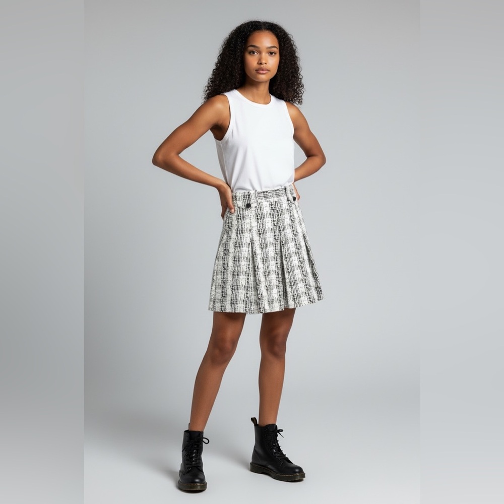 NWT Anna Sui Monochrome Pleated Tweed Mini Skirt Black White 8